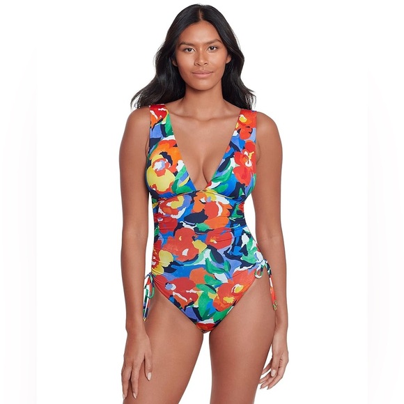 NWT Lauren Ralph Lauren Bold Abstract Floral Ruched Plunge Swimsuit Sz 14
